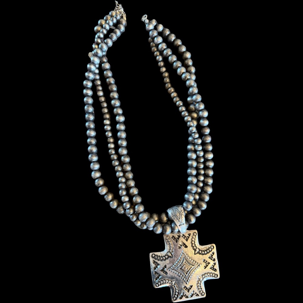 3 Strand Navajo Necklace With Stamped Cross Pendant - 18" price firm